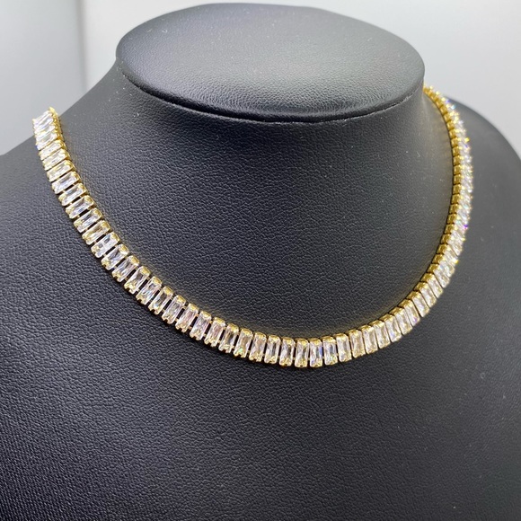 18K Gold Plated Fancy Choker square Cubic Zirconia Tennis Necklace - Picture 11 of 12